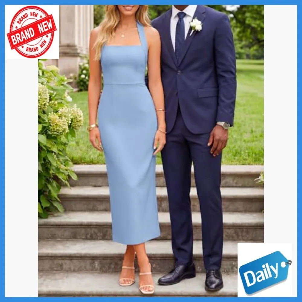 Sleeveless Halter Midi Dress Bodycon Backless Cocktail Wedding Guest - Picture 2 of 7